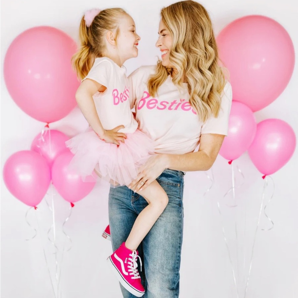 Mommy and Me light pink “Besties” shirt in Barbie style. Women’s size Small.